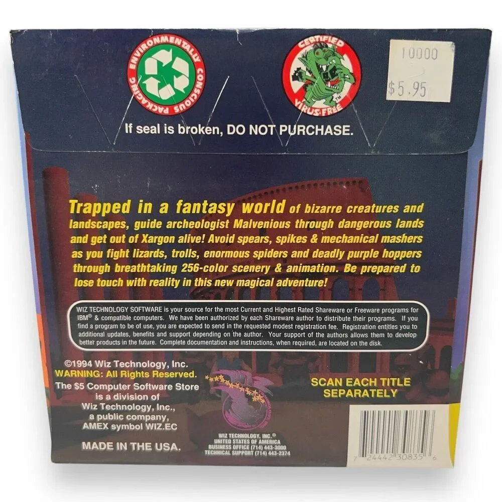 VTG NOS Xargon Shareware PC Game 3.5” Disk Wiz Technology NEW SEALED!